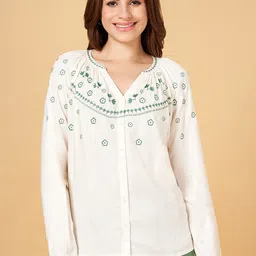 Honey by Pantaloons Floral Embroidered Mandarin Collar Gathered Detailed Top-image-47