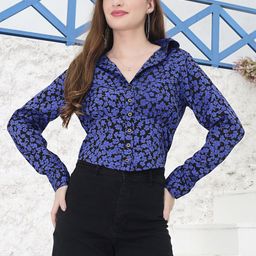 Sera Black Floral Printed Shirt Collar Gathered Shirt Styled Top-picture-39