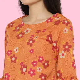 Sera Women Orange & Pink Floral Printed Pure Cotton Regular Top image 2