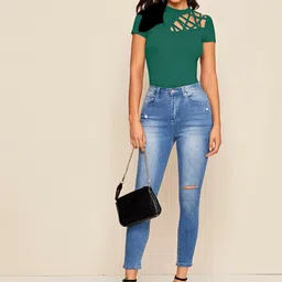 Stylecast X Slyck Green Self Design Cut Out Detail Fitted Top image 5