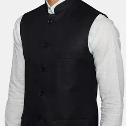 Wintage Men Black Solid Woven Nehru Jacket image 2