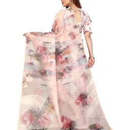 KALINI Peach-Coloured & Green Floral Printed Zari Organza Bagh Saree image 4