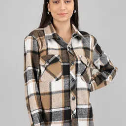 CHKOKKO Windowpane Checked Spread Collar Casual Shacket-picture-31