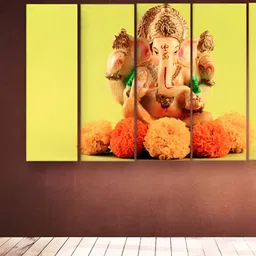 Casperme Yellow & Orange 5 Pieces Ganesha Wooden Wall Painting-image-66