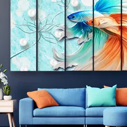 Casperme Blue & Orange 5 Pieces Modern Art Wooden Wall Painting-picture-22
