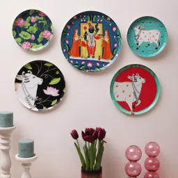 amaya decors Cow Metal & Meena Wall Plates Set of 5 image 1