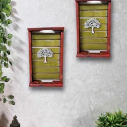 disoo fashions Red Colour Distress Look Sheesham Wood Handcarved Rectangular Set Of 2 Wall Art With Tree-picture-12