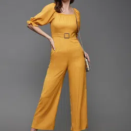 Miss Chase Mustard Yellow Sqaure Neck Waist Tie-Ups Basic Jumpsuit image 4