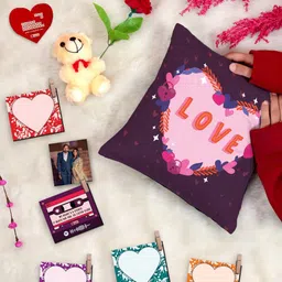 Indigifts 9 Pieces Purple Cotton Cushion with Filler Photo Clip and Card Rose with Teddy-image-8