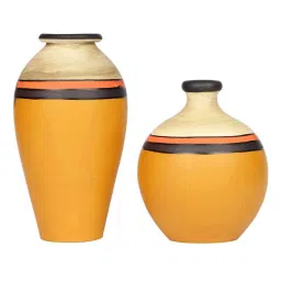 aakriti art creations Madhubani Earthen Dartix (Set Of 2) Yellow Terracotta Floor Vases image 4