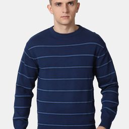 t-base Men Navy Blue & Blue Striped Pure Cotton Pullover-picture-0