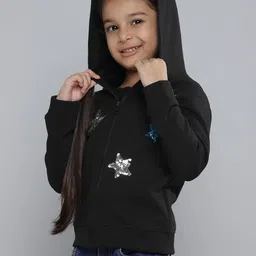 YK Girls Black & Silver Star Shape Sequinned Hooded Sweatshirt-image-32