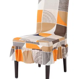 HOKIPO Brown & Orange Printed Stretchable Frill Chair Cover-picture-22