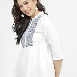 Vishudh Off White & Blue Geometric Printed Mandarin Collar Empire Top image 2