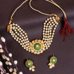 Crunchy Fashion Gold Plated Stones Studded Pearls Beaded Choker Necklace With Earrings-picture-22