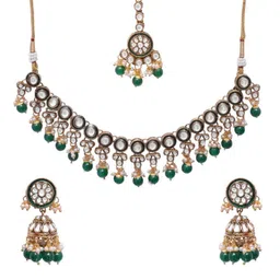 Crunchy Fashion Gold Plated Kundan Studded Necklace With Earrings & Maang Tika image 3