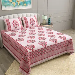 bella casa Pink Floral 180 TC Cotton 1 Double King Size Bedsheet with 2 Pillow Covers-picture-22