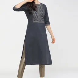 Vishudh Women Navy Blue Ethnic Motifs Yoke Design Flared Sleeves Mirror Work Kurta image 5