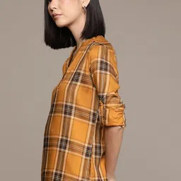 Roadster Checked Mandarin Collar Roll-Up Sleeves Shirt Style Top image 3