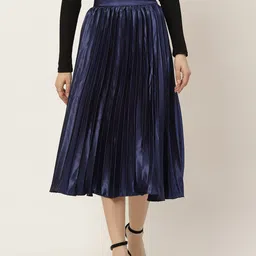 Slenor Women Navy Blue Accordian Pleated satin Midi A-line Skirt-picture-27