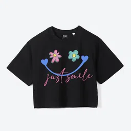 Mast & Harbour Girls Black Typography Printed Pure Cotton Boxy T-shirt-picture-16