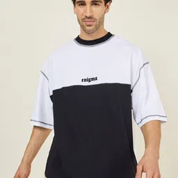 Styli Black & White Colourblocked Cotton Boxy T-shirt With Minimal Embroidery-image-38
