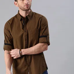 Roadster Men Olive Brown Regular Fit Solid Sustainable Casual Shirt-picture-10