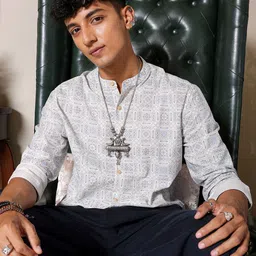 The Indian Garage Co Slim Fit Ethnic Motifs Printed Mandarin Collar Cotton Casual Shirt-picture-18