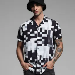 Jack & Jones Men Cuban Collar Abstract Printed Monochrome Casual Shirt image 1