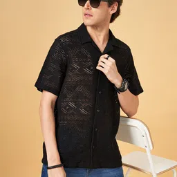 People Black Relaxed Fit Geometric Self Design Cuban Collar Casual Shirt-picture-38