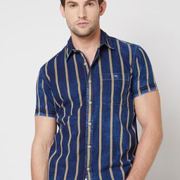 Mufti Vertical Stripes Spread Collar Short Sleeves Cotton Slim Fit Casual Shirt-picture-8
