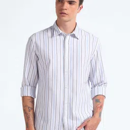 Flying Machine Vertical Striped Printed Spread Collar Cotton Slim Fit Casual Shirt-image-81