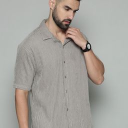 Maniac Cuban Collar Short Sleeves Relaxed Striped Casual Cotton Shirt-picture-47