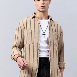 Style Quotient Beige Relaxed Opaque Striped Casual Shirt-picture-28
