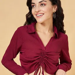 People Red Shirt Collar Ruched Crop Shirt Style Top-picture-27