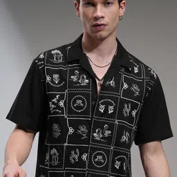 HIGHLANDER Men Relaxed Fit Cuban Collar Textured Cotton Casual Shirt-image-99