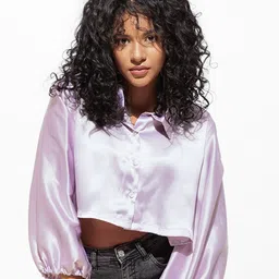 Urban Sundari Shirt Collar Puff Sleeves Satin Crop Shirt Style Top-picture-12