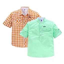 TONYBOY Boys Orange & Green Classic Gingham Checked Cotton Casual Shirt Pack Of 2-picture-36