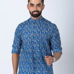 Firangi Yarn Blue Regular Fit Printed Cotton Casual Shirt-picture-28