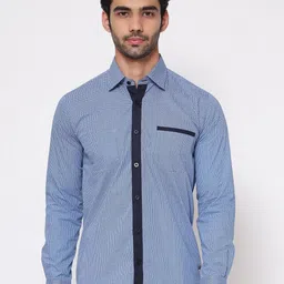 SHIRT THEORY Men Blue Micro Checks Striped Casual Shirt-picture-28