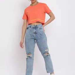 Belliskey Women Peach-Coloured & Yellow Typography Crop T-shirt-image-95