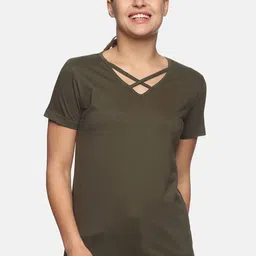 Trends Tower Women Olive Green V-Neck Pure Cotton T-shirt-picture-37