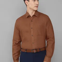 Luxure by Louis Philippe Men Brown Solid Linen Slim Fit Formal Shirt-picture-22