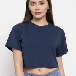 DOOR74 Women Navy Blue Solid Round Neck T-shirt-image-89