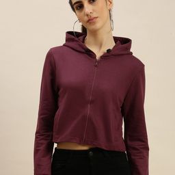 De Moza Women Maroon Hooded Crop Cotton Front- Open Sweatshirt-picture-49