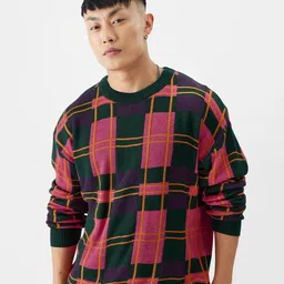 The Souled Store Pink Checked Round Neck Long Sleeves Acrylic Pullover Sweatshirt-picture-42
