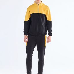 Red Flame Mock Collar Colourblocked Front-Open Sweatshirt-picture-0