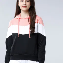 Tokyo Talkies Women Pink & White Colourblocked Hooded Sweatshirt-image-42