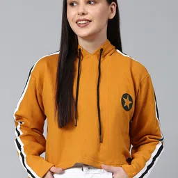 Campus Sutra Women Yellow Hooded Cropped Cotton Sweatshirt-image-83