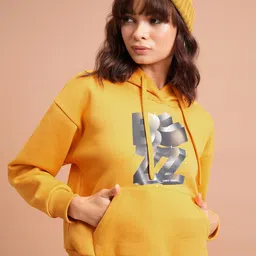 Tokyo Talkies Mustard Yellow Typography Printed Hooded Relaxed Fit Pullover-image-97